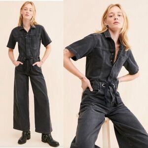Free People Washed Black Short-Sleeve Utility Jumpsuit